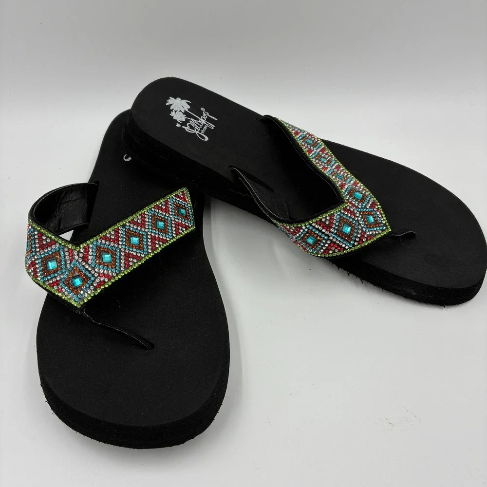 Jellypop Women's Flip Flops Size 9M Embellished Rhinestone Beaded Straps Black‎